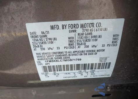 2021 Ford Explorer King Ranch z USA, uszkodzony, nr VIN 1FM5K8LC7MGB71759